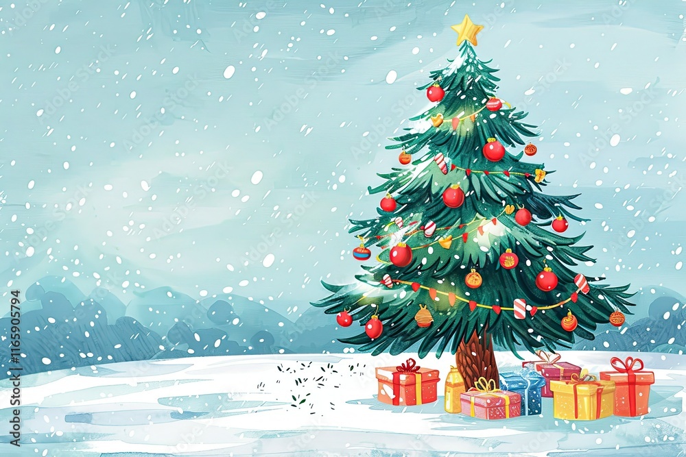 Obraz premium Christmas card illustration with a decorated Christmas tree, snow falling, and presents underneath 