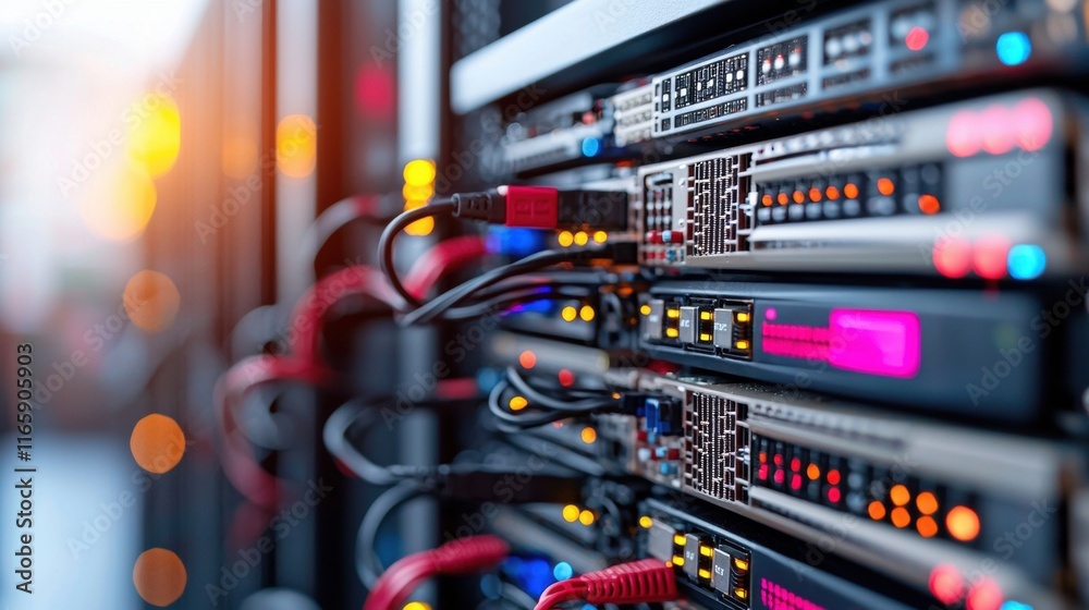 A close-up view of a server rack with colorful cables and lights, showcasing the inner workings of a data center. A close-up view of a server rack with colorful cables and lights, showcasing the inner workings of a data center.