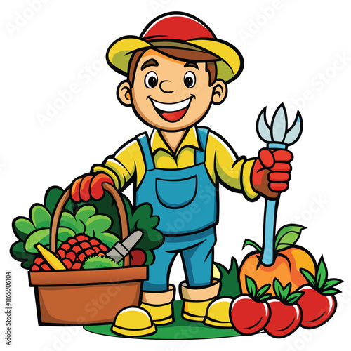 A gardener harvesting fresh produce, cheerful and isolated on white background.