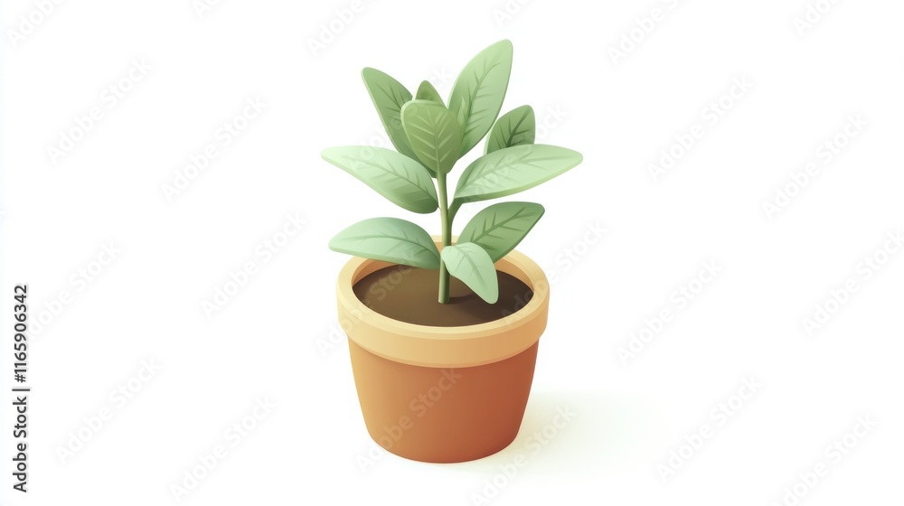 Fototapeta premium A small potted plant with green leaves against a white background.