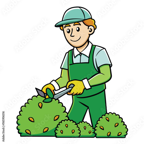 A gardener with shears, shaping bushes with care, isolated on white background.