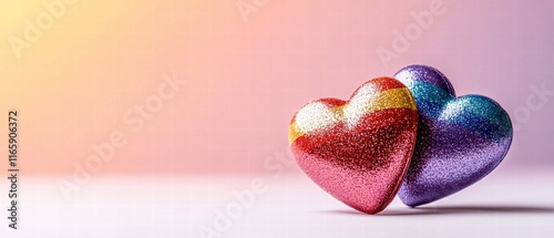 Two glittering, colorful hearts sit side by side against a soft gradient background, symbolizing love and affection.