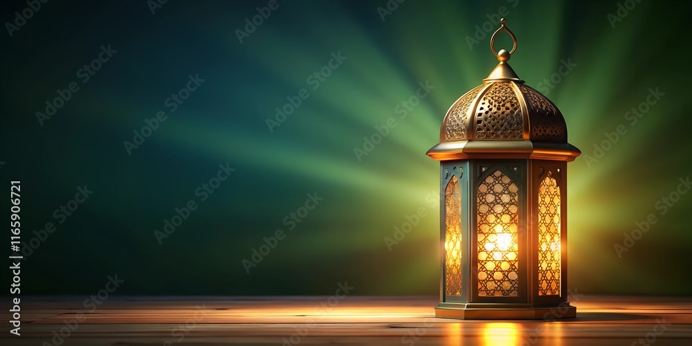 Fototapeta premium 3d illustration of Ramadan lantern right side blank. 3d Islamic Ramadan concept background with decorated lanterns and clouds on the right side of the scene with empty space for text on the left side.