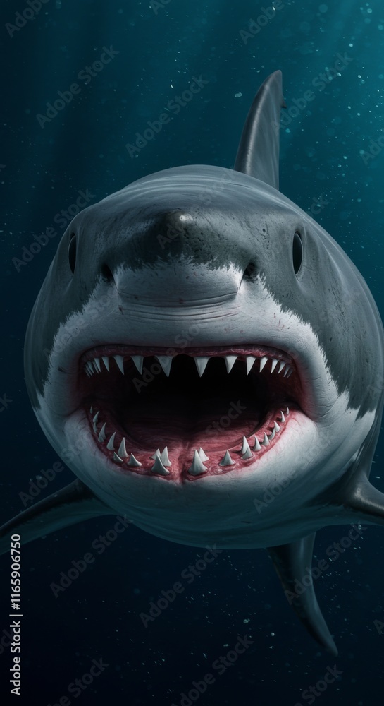 Naklejka premium Close up of face of a Great White Shark in the Ocean, Sea, Wildlife, Animal, Zoom In, Zoomed Portrait
