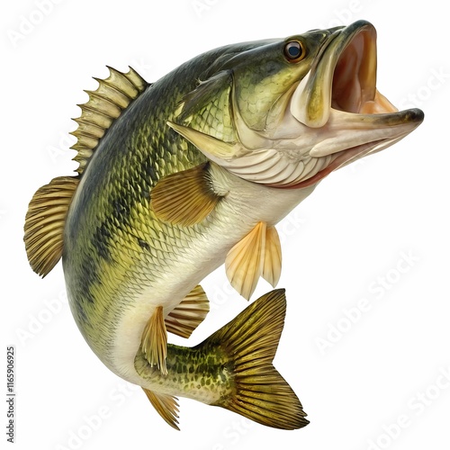 Dynamic illustration of a largemouth bass leaping from water, showcasing intricate detail and vibrant colors. Ideal for fishing themes, nature-inspired designs, and outdoor sports promotions.