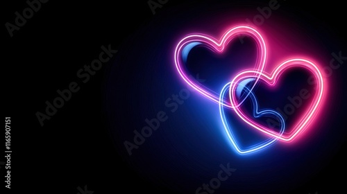 Two glowing hearts in neon pink and blue against a dark background, symbolizing love and connection.