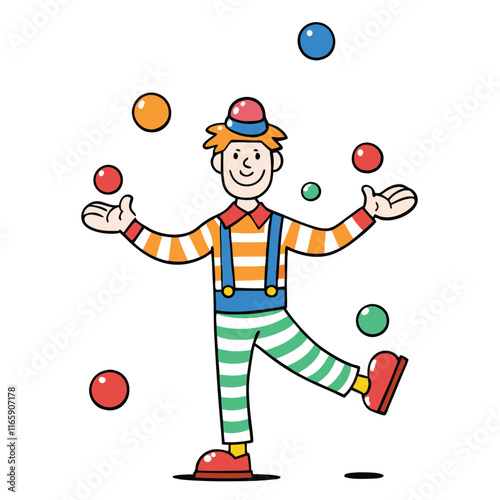 A juggler balancing colorful balls in the air, wearing a cheerful outfit, isolated on white background.