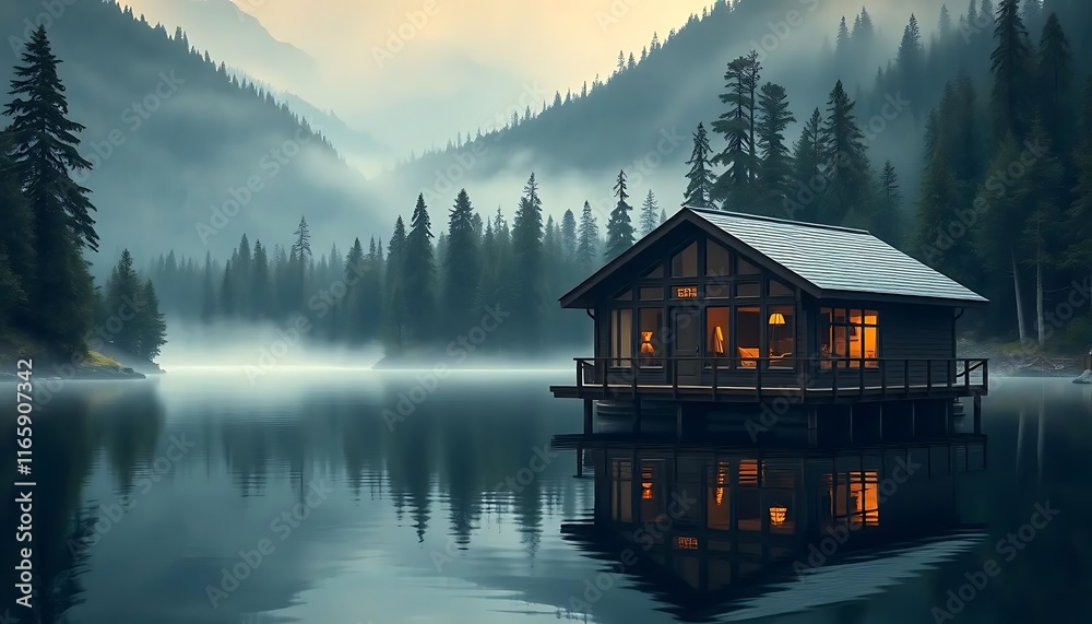 Fototapeta premium Serene Lakeside Cabin with Warm Lights Reflecting on Calm Water