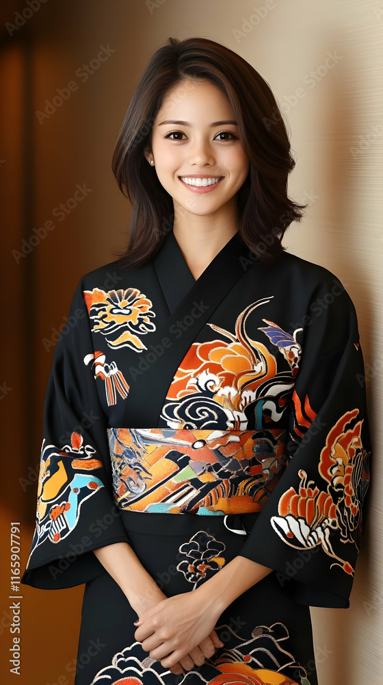 Elegant Woman in Black Kimono Illustration Elegant Woman in Black Kimono Illustration