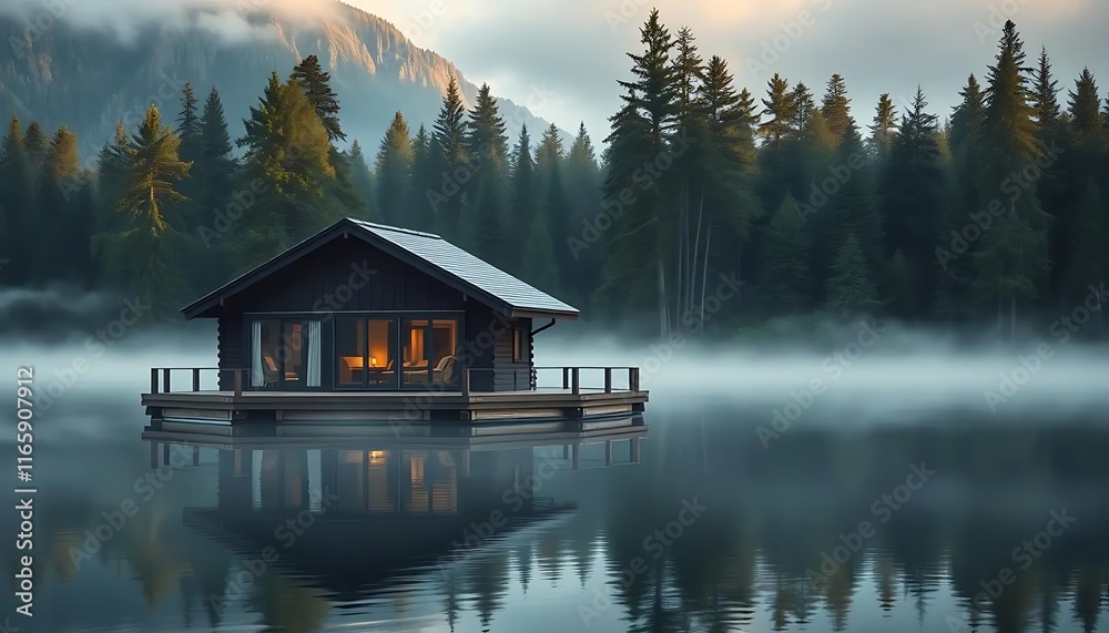 Fototapeta premium Serene Lakeside Cabin with Warm Lights Reflecting on Calm Water