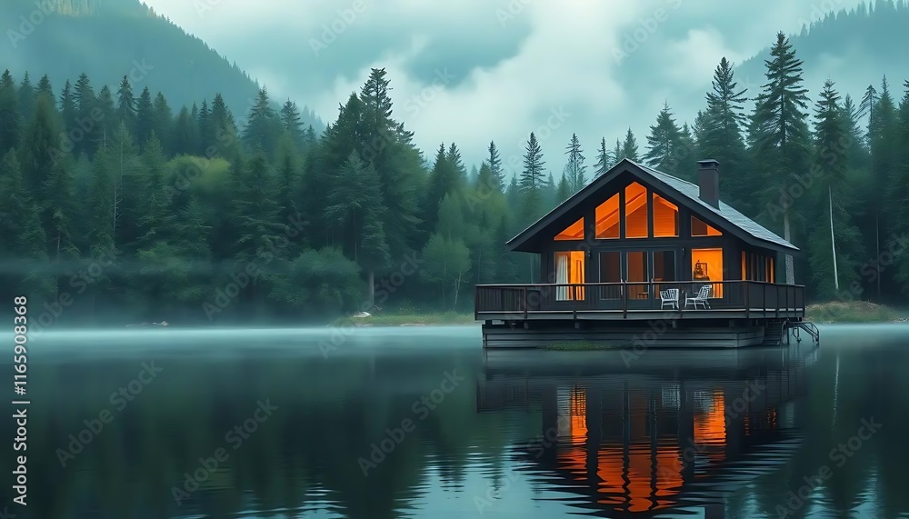 Fototapeta premium Serene Lakeside Cabin with Warm Lights Reflecting on Calm Water