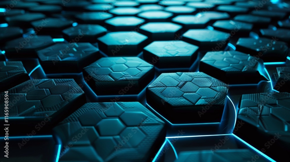 Futuristic hexagonal surface glowing with neon blue light creating a technological and abstract background Futuristic hexagonal surface glowing with neon blue light creating a technological and abstract background