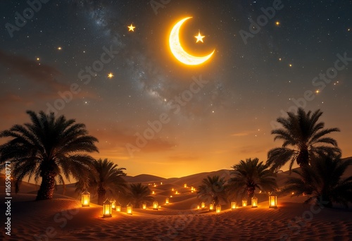 Desert Night: Illuminated Palms, Crescent Moon, and Starry Sky photo