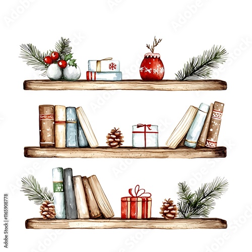 Watercolor illustration of three rustic wooden shelves decorated with books, gifts, pine cones, and Christmas greenery.
