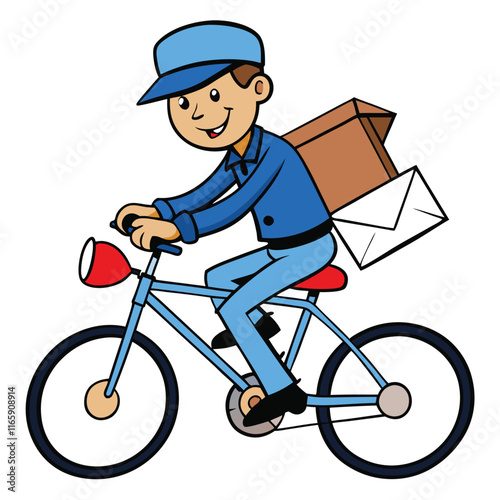 A mail carrier delivering letters, riding a bike, isolated on white background.
