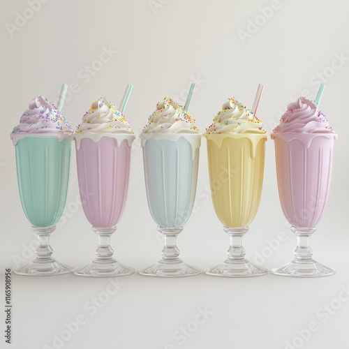 Cute 3D milkshake bar with pastel-colored shakes in tall glasses, featuring whipped cream and sprinkles, set on a simple white surface