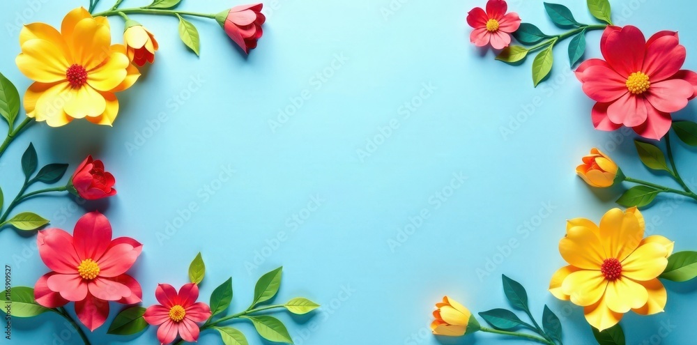 Fototapeta premium colourful copyspace in centre of light blue background adorned with paper flowers, paper flowers, floral patterns, creative spaces