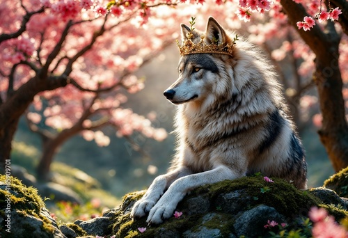 Majestic Wolf in Golden Crown, Blooming Cherry Blossoms photo