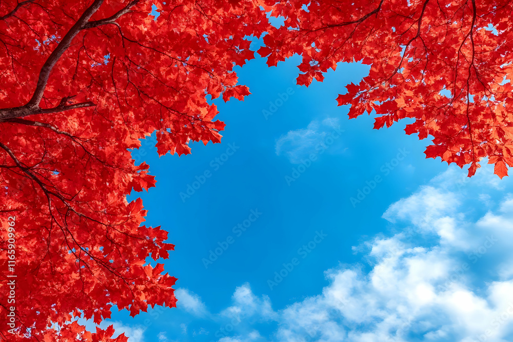 Vibrant Red Autumn Leaves and Sky Background Vibrant Red Autumn Leaves and Sky Background