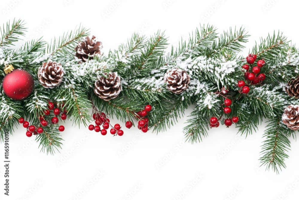 Christmas Tree Border with Snow and Red Berries on White Background