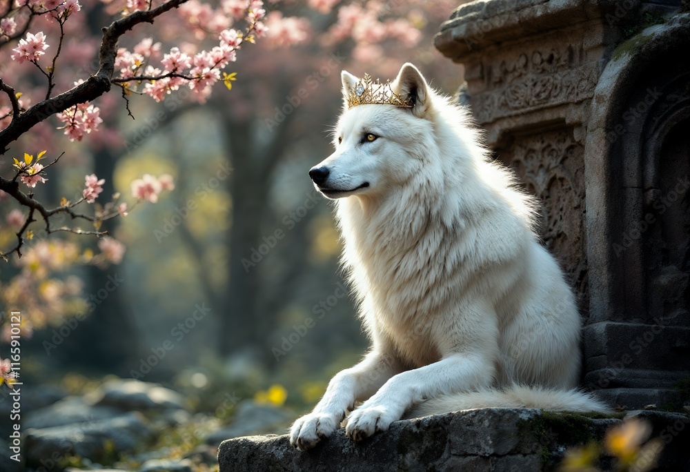 Obraz premium Majestic White Wolf in a Crown, Spring Blossoms