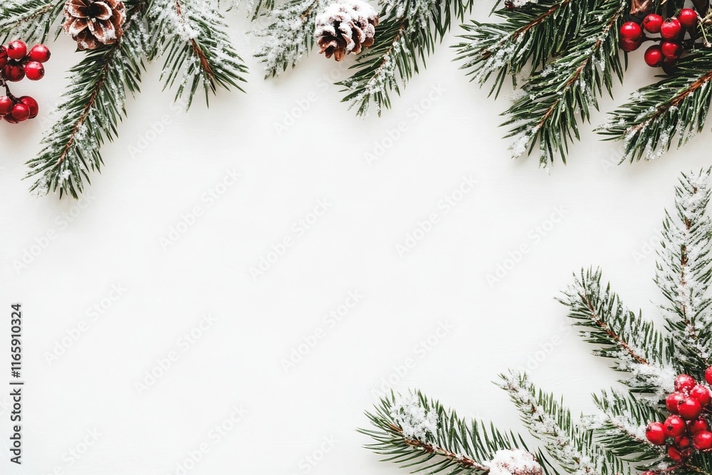 Christmas Tree Border with Snow and Red Berries on White Background Christmas Tree Border with Snow and Red Berries on White Background