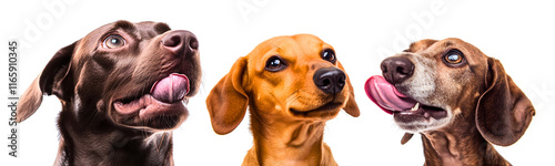 pack of 3 cute dogs: chocolate labrador and 2 dachshund - young and senior curiosly looking up isolated over transparent background; concept of super tasty dog food photo