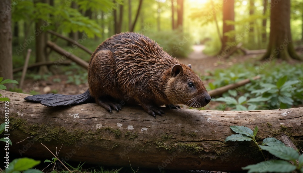 Beaver standing on a log in a serene forest with warm sunlight filtering through the trees Beaver standing on a log in a serene forest with warm sunlight filtering through the trees