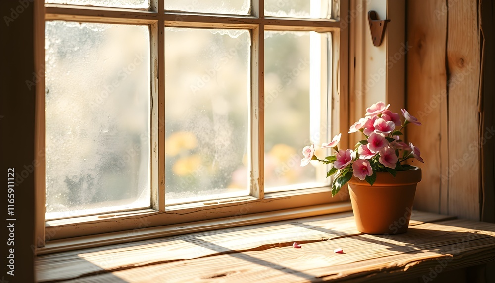 Sunlit window sill, potted pink flowers, rustic wooden interior, warm golden light, soft focus background, cozy atmosphere, nostalgic mood, vintage aesthetic, natural lighting, window panes