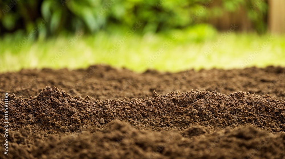 Rich brown soil in a garden setting, with blurred greenery in the background Rich brown soil in a garden setting, with blurred greenery in the background