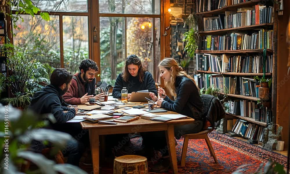 Group of people collaborating at a table in a cozy, plant-filled library.