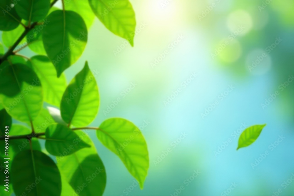 Lush green leaves, soft-focus sky bokeh, natural light, dof, leaves, sun