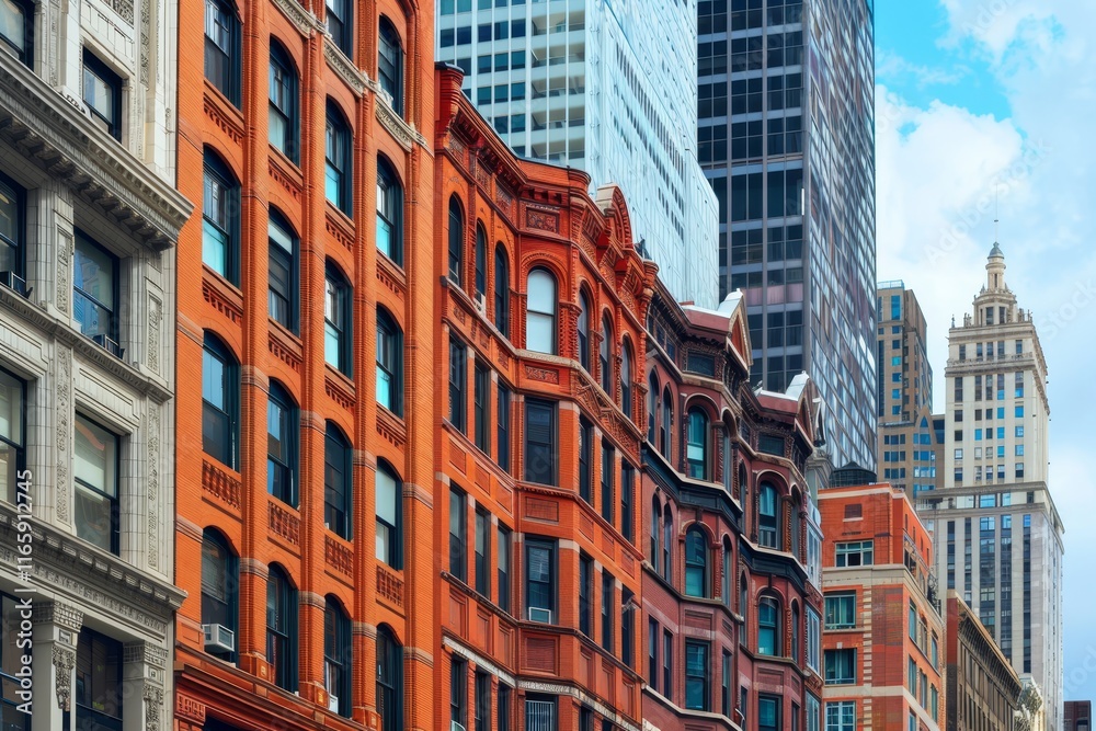 Fototapeta premium A row of colorful historic buildings showcases ornate architecture alongside sleek glass skyscrapers under a bright blue sky. This vibrant city street scene highlights urban diversity.