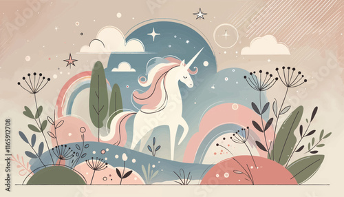Fantasy-themed illustration of a magical unicorn in a dreamlike nature setting with pastel rainbows, abstract patterns, and playful floral designs, perfect for children's fantasy artwork