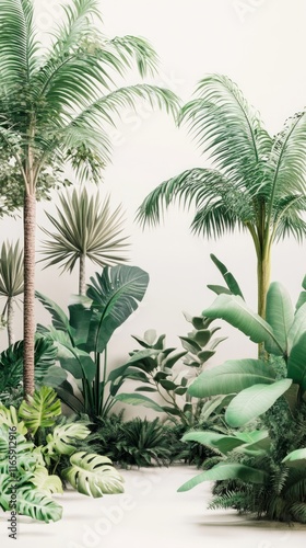 A Lush Tropical Garden Scene with Vibrant Green Plants and Palm Trees. A Perfect Tropical Garden Design for Interior or Exterior Decoration.