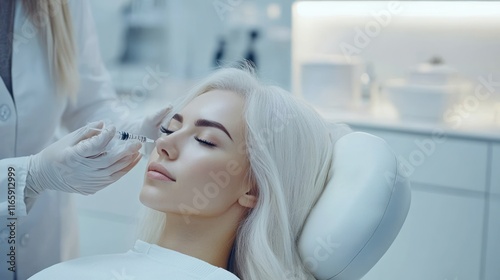 Close-up of a woman receiving a facial injection from a doctor. photo