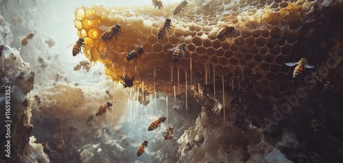 Honeycomb Haven: A Close-Up View of Busy Bees and Golden Honey photo