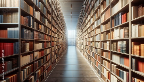 A blurred perspective of a colorful library bookshelf, symbolizing depth, learning, and education.