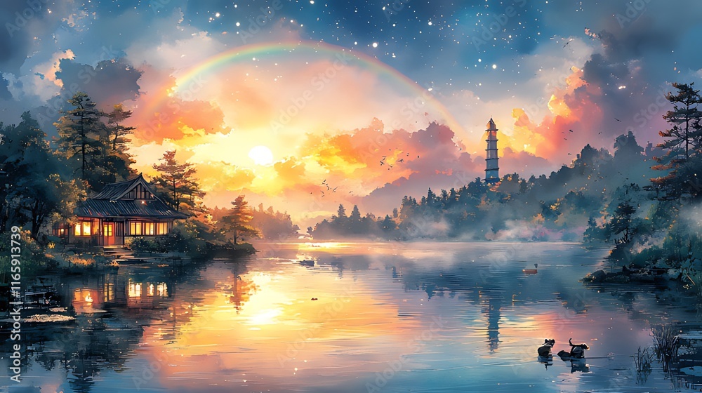Naklejka premium Serene lakeside sunset with rainbow, cabin, and distant tower.