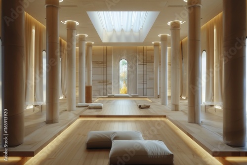 The tranquil meditation hall showcases wooden interiors and tall pillars, with soft cushions placed for comfort, illuminated by gentle natural light filtering through large windows. photo