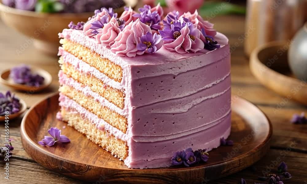 A beautifully layered cake with pink frosting and edible flowers, perfect for celebrations.