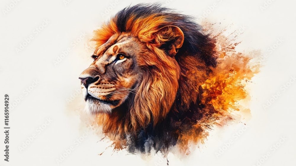 Naklejka premium Majestic lion portrait, fiery mane, watercolor splash.