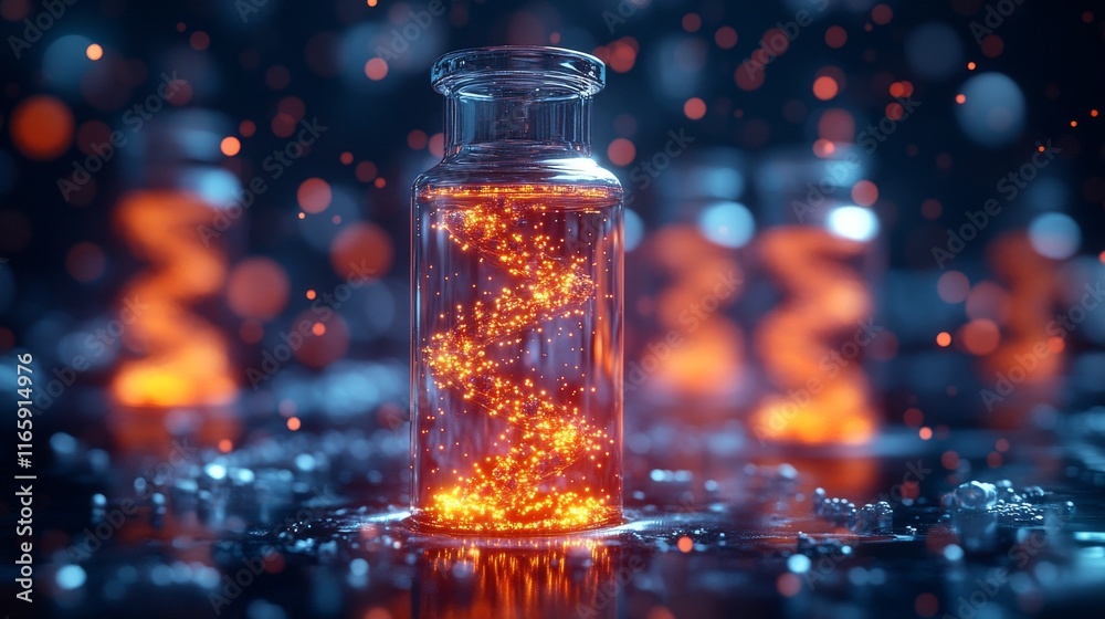 Glowing DNA helix inside a glass bottle on dark background. Glowing DNA helix inside a glass bottle on dark background.