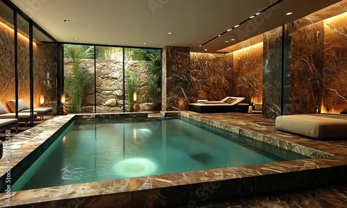 Wallpaper Mural A serene indoor pool area with natural stone accents and cozy seating. Torontodigital.ca