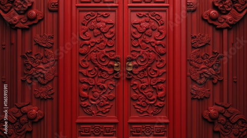 Exquisite 3D-carved red door with intricate traditional Chinese patterns, showcasing timeless craftsmanship and symmetry.