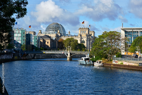 Berlin, Germany – September 27, 2024 - Berlin River Spree and Reichstag Dome. The Berlin River Spree with the glass Reichstag dome in the background.

