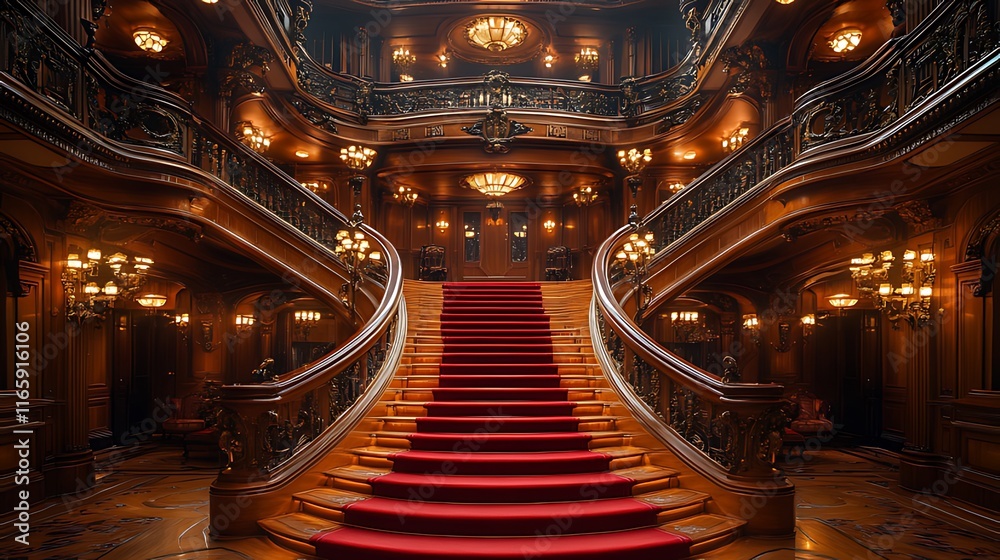 Obraz premium Grand, opulent wooden staircase with red carpet runner, ornate railings, and chandeliers in a luxurious mansion.