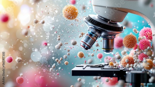 A vibrant microscope displaying colorful microbes and particles, emphasizing the microscopic world and the study of microorganisms.