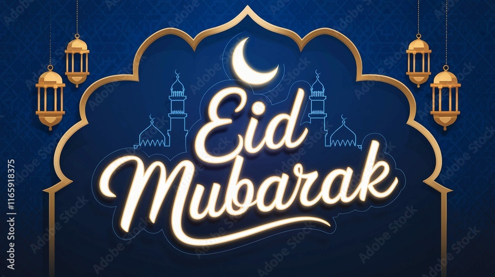 Obraz premium Eid Mubarak Greeting with Crescent Moon and Golden Lanterns