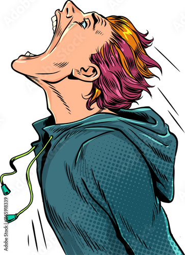 Pop Art Retro The man is very hungry. The guy is jumping with his mouth open. Advertising of food and fast food.
